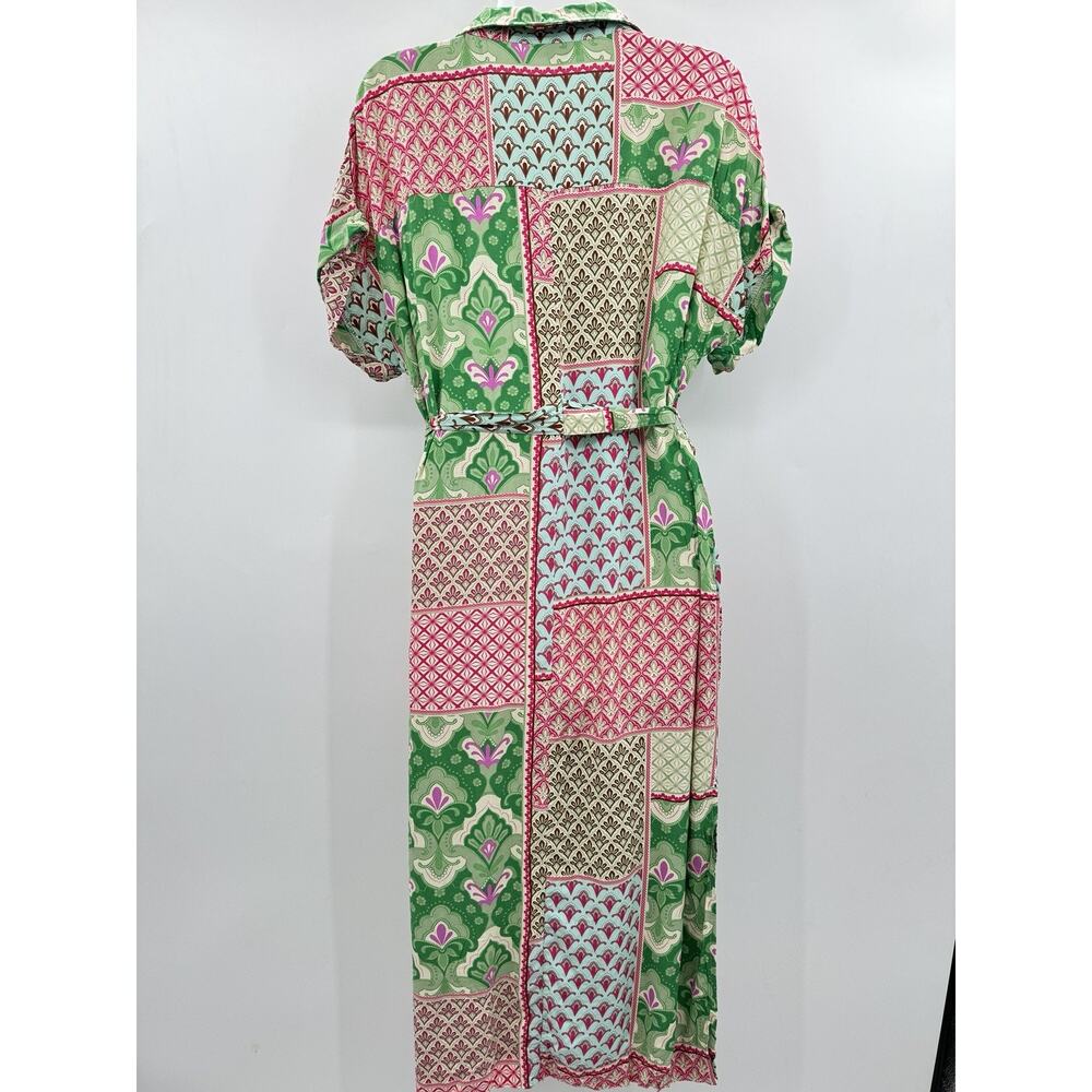 Umgee Patchwork Mixed Print Midi Dress Sz M Pink Green Floral Boho Beachy Artsy - Picture 5 of 15
